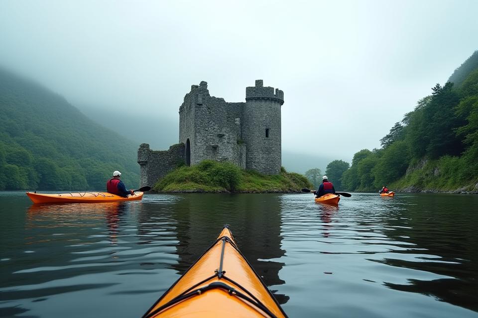 Kayakers approaching Cloughoughter Castle