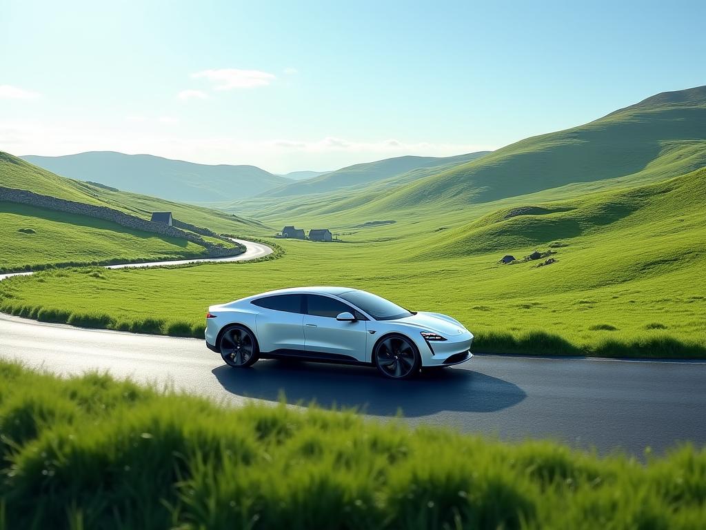 Electric car touring through green Irish countryside